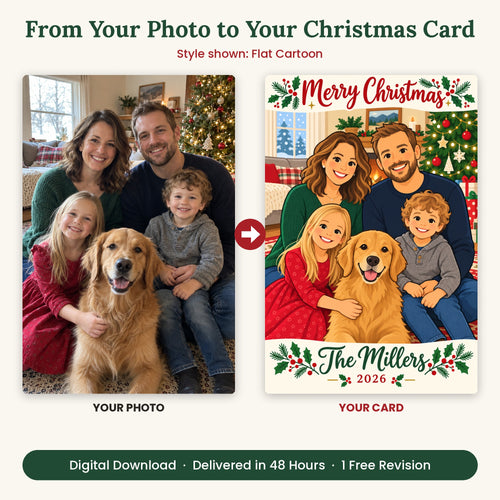 Custom Cartoon Family Christmas Card from Your Photo – Digital Download